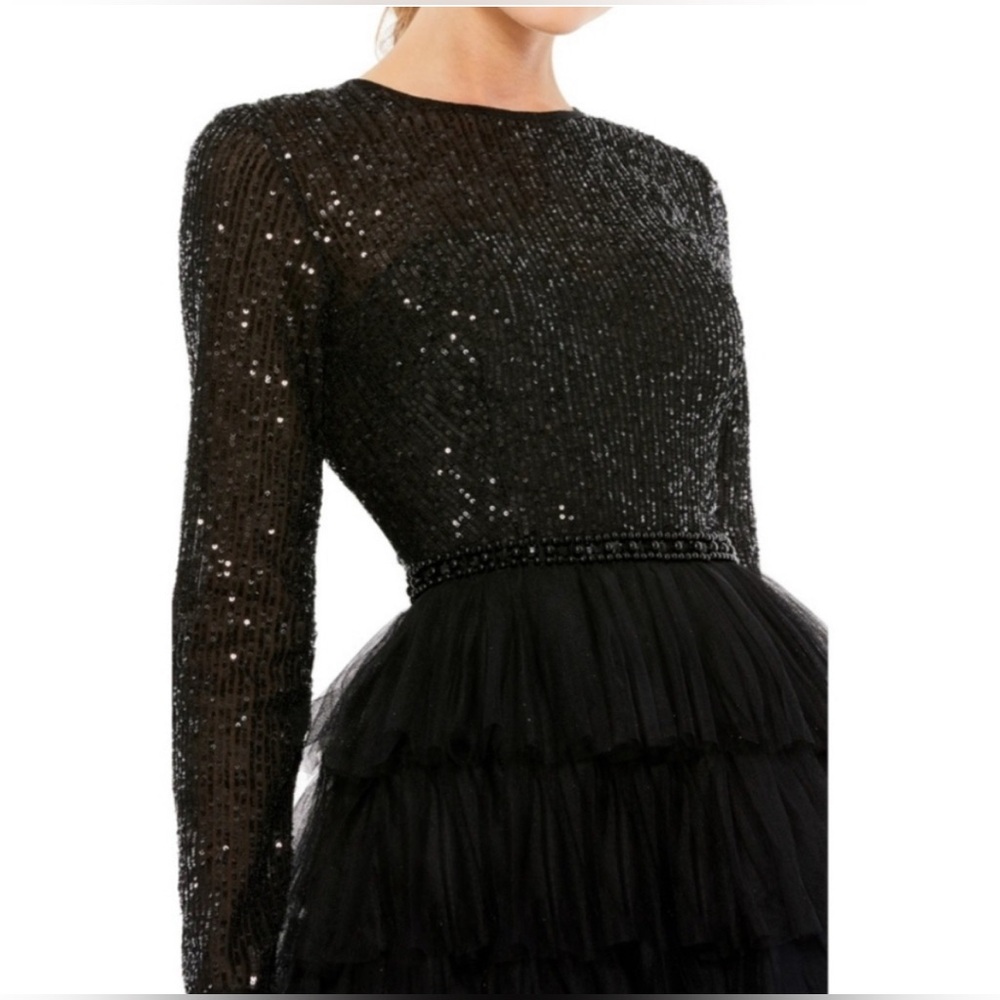 NWT MAC DUGGAL LONG SLEEVED RUFFLE TIERED MIDI DRESS BLACK  26299 - Picture 2 of 14